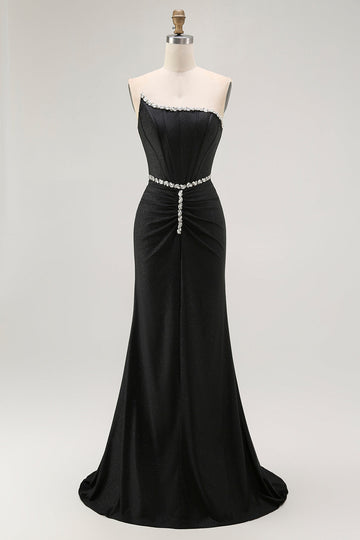 Black Mermaid Strapless Corset Long Prom Dress with Beading